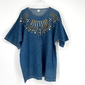 VTG Embellised Top Womens Plus Denim Gold Rhinestone Country Western Festival‎